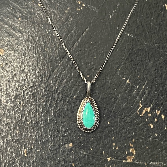 VTG Turquoise Sterling Silver Teardrop Handmade Necklace Signed CT - Picture 2 of 8